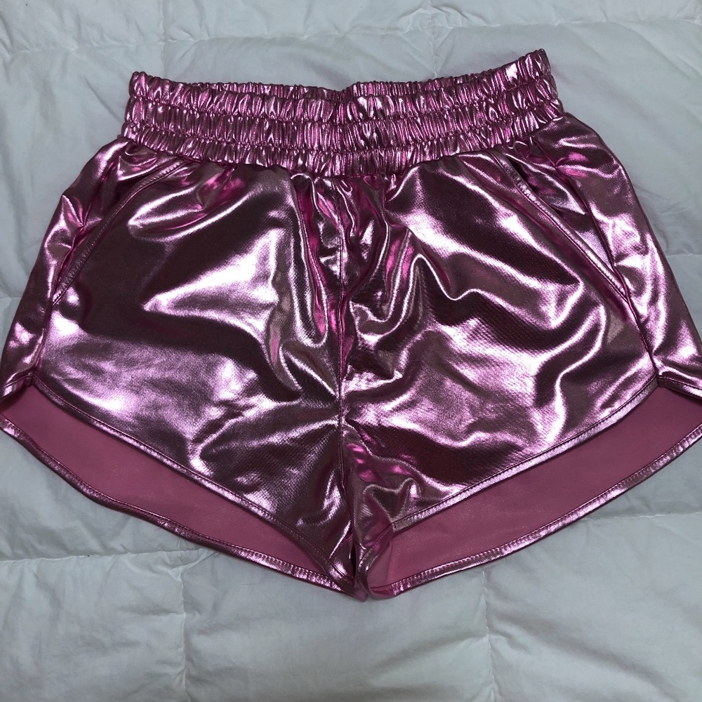pink metallic shorts ; elastic waist ; shiny